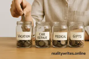 Saving money in labeled jars for sinking funds