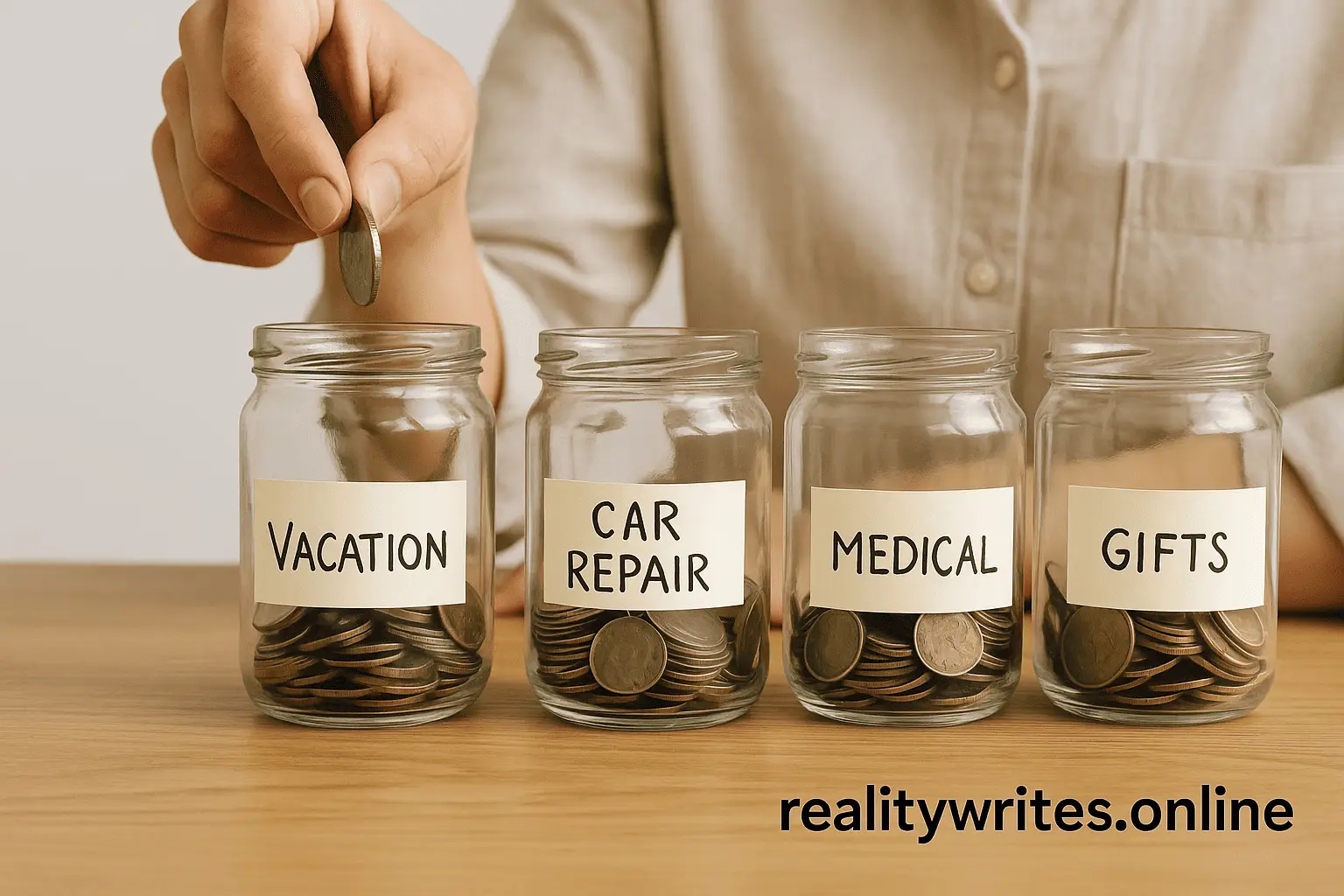 Saving money in labeled jars for sinking funds